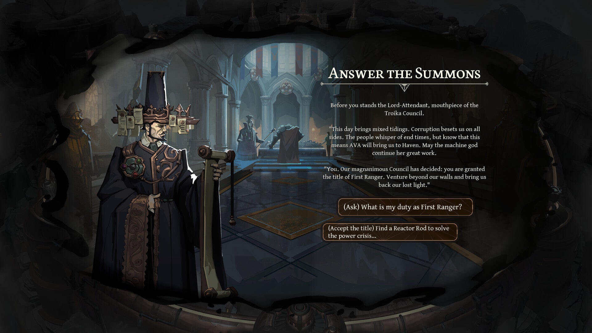 A dialogue from As We Descend, in which the player decides whether to accept the role of city warden - 4