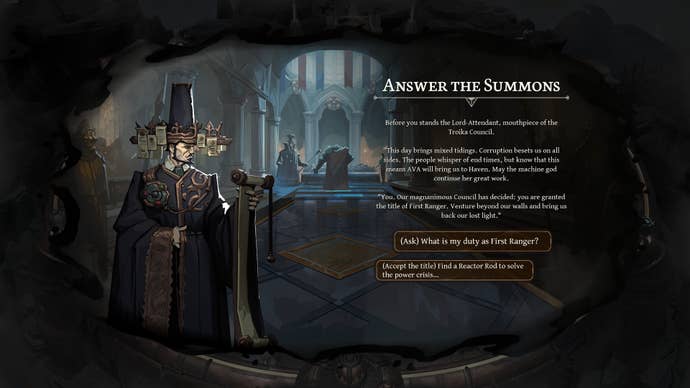 A dialogue from As We Descend, in which the player decides whether to accept the role of city warden