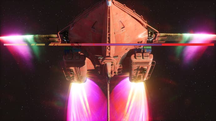 A screenshot of Concord, showing a ship arriving at a planet before a match.