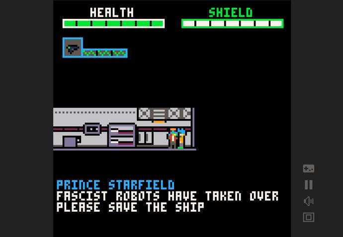 Some dialogue with a friendly NPC from joeAmerica Gayms' PICO-8 shooter Starfield, not to be confused with the Bethesda game of the same name. The other character is saying “Fascist robots have taken over. Please save our ship."