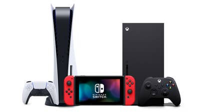 PS5, a red Nintendo Switch and Xbox Series X grouped together in front of a white background