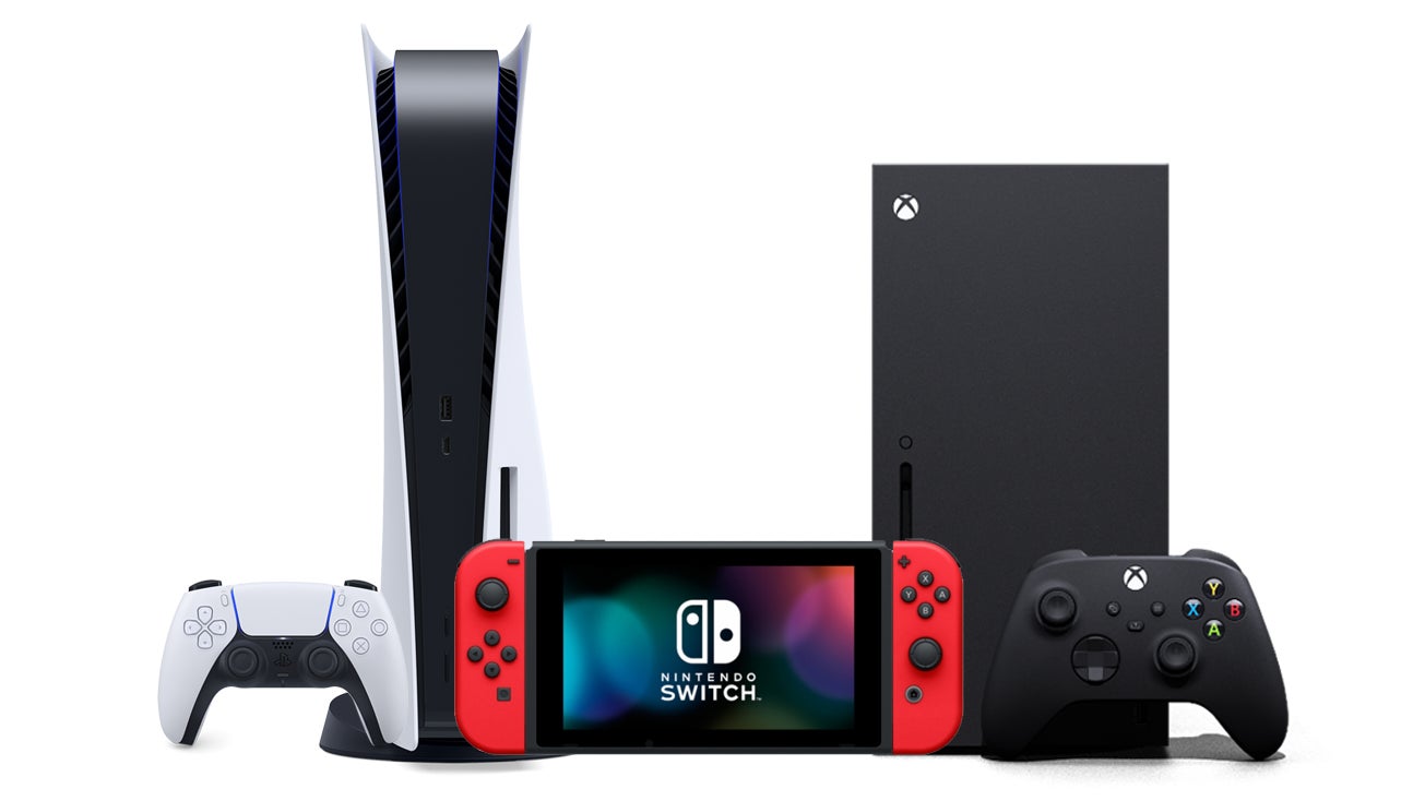 Console Market Resilience: Sony and Nintendo Show Strength Amidst Economic Challenges 1 PS5, a red Nintendo Switch and Xbox Series X grouped together in front of a white background