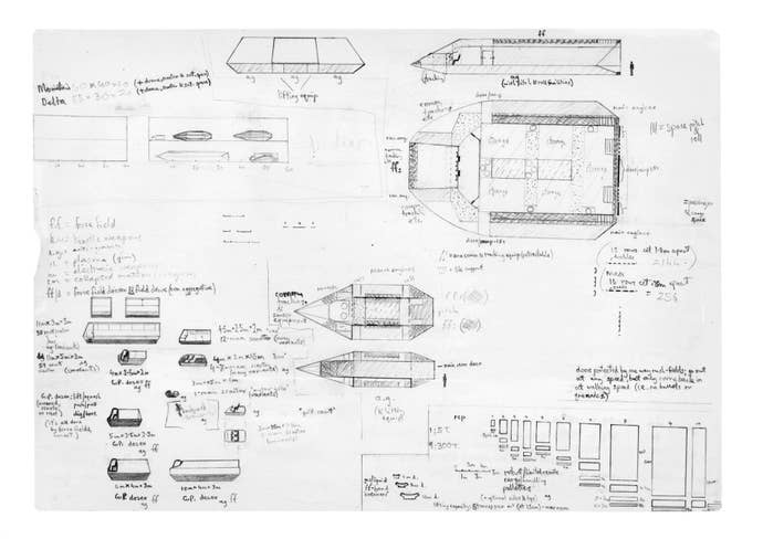 A page of Iain M Banks' culture sketches, showing wonderfully questionable draftsmanship and a great deal of enthusiasm.