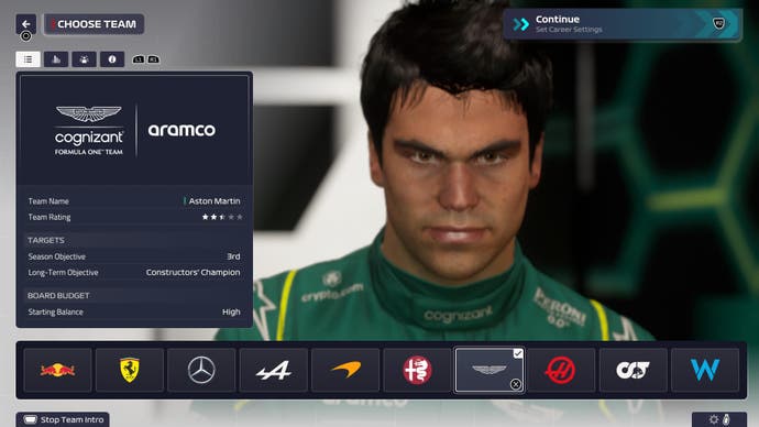 F1 Manager 2023 review screenshot, team selection screen with Lance Stroll in the background.