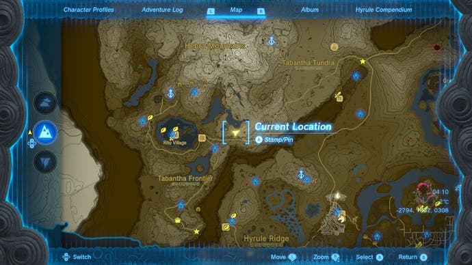 Map showing the location of the Lynel near Tama Pond in The Legend of Zelda: Tears of the Kingdom.
