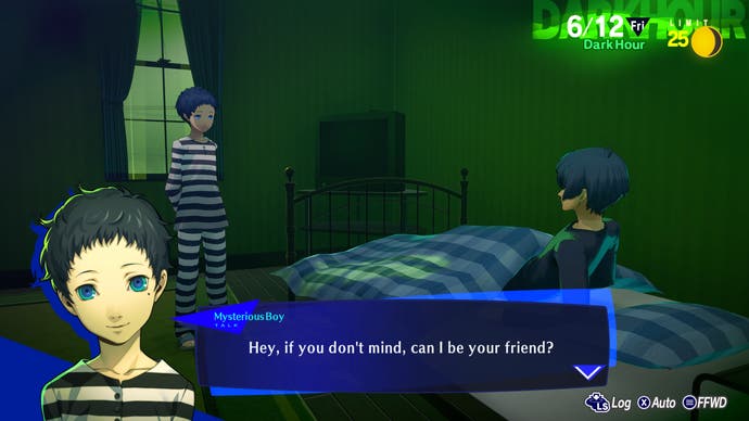 Persona 3 Reload image showing mysterious boy speaking to the protagonist who's sat in bed.