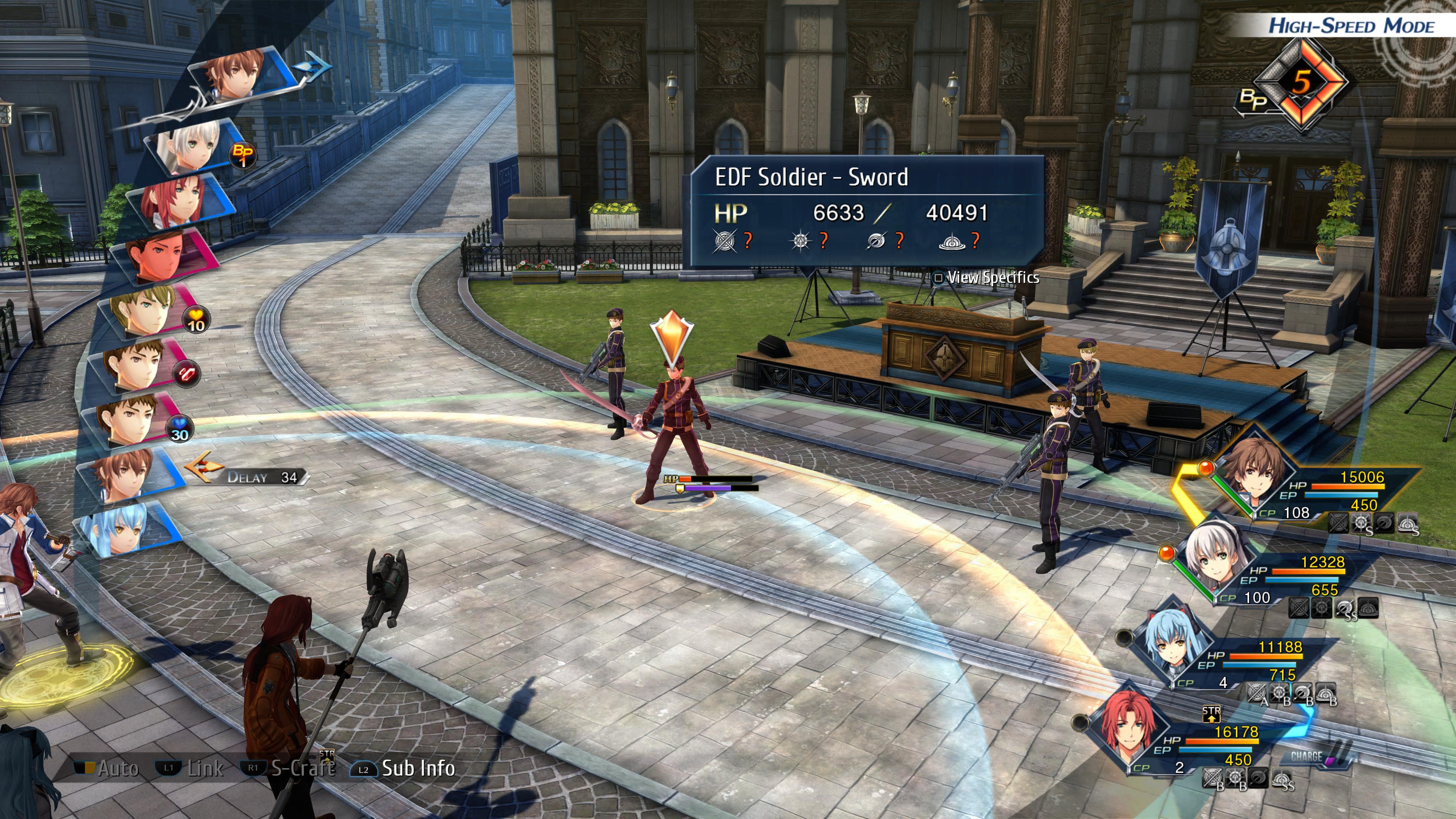The Legend of Heroes: Trails into Reverie review screenshot, combat showing an &lsquo;EDF Soldier&rsquo; being targeted for attack.