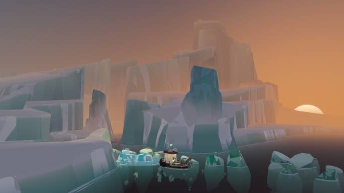 A sunset over icebergs in Dredge’s Pale Reach DLC