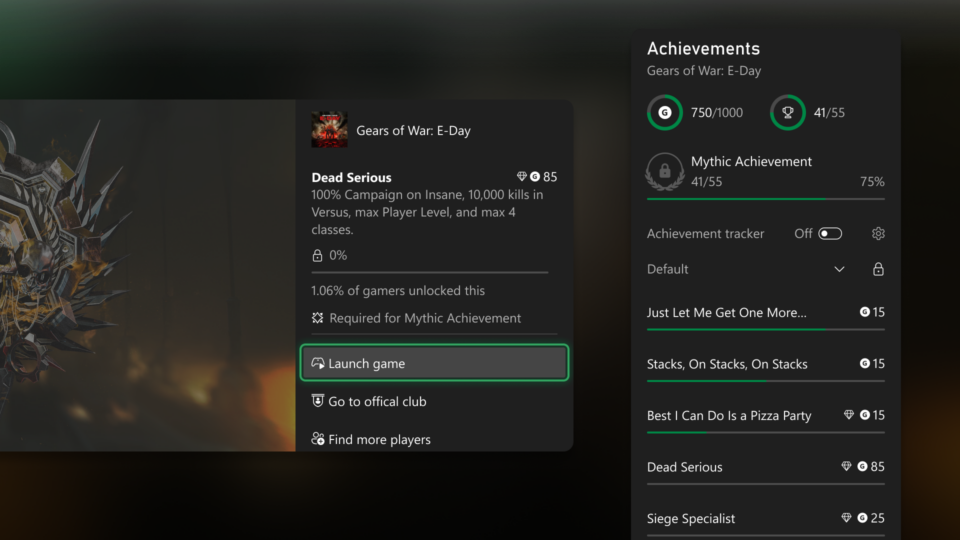 An Xbox menu screen detailing Mythic Achievements.