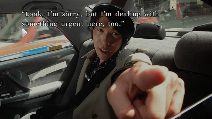 A man in the back of a car in 428 Shibuya Scramble, pointing at the player and saying ‘Look, I’m sorry, but I’m dealing with something urgent here, too.'