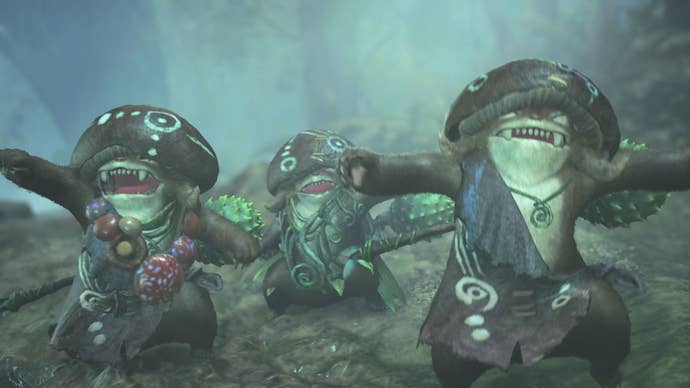 Monster Hunter Wilds screenshot showing three cute Wudwud creatures dancing