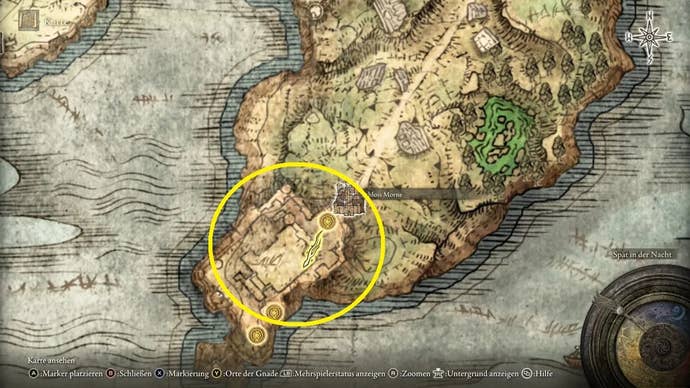 A map screen from Elden Ring, showing the location of Castle Morne highlighted by a yellow circle.