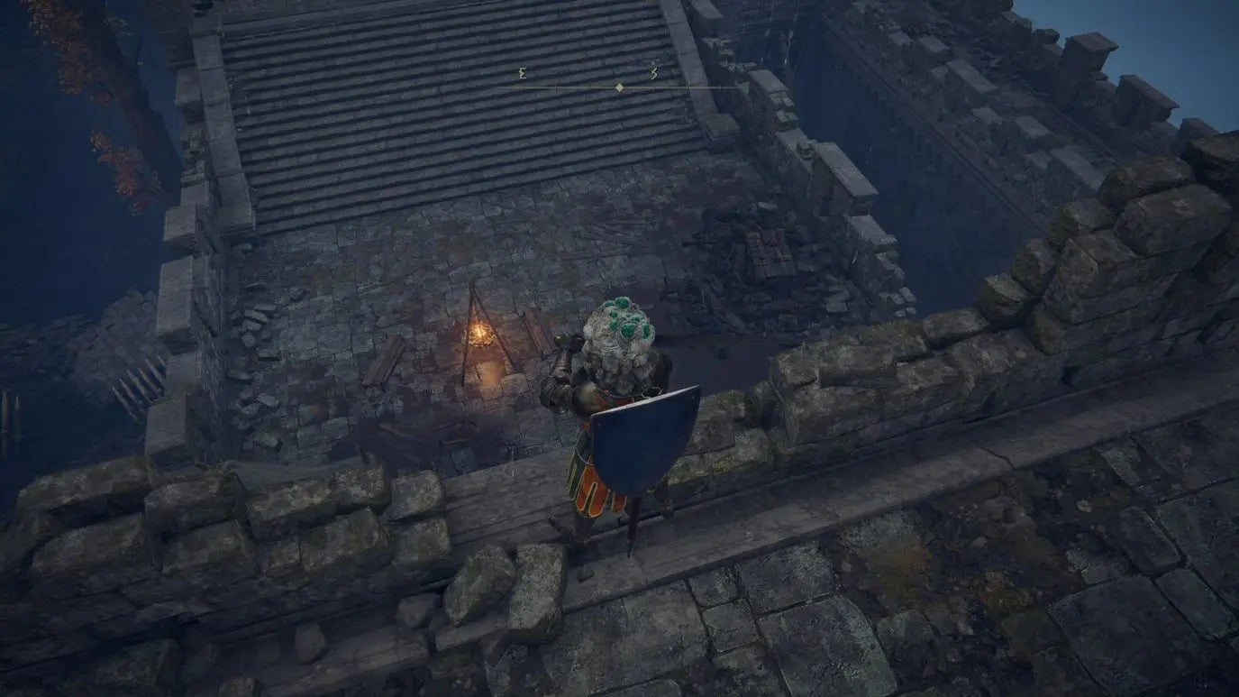 A warrior looks down on a castle walkway in Castle Morne in Elden Ring.