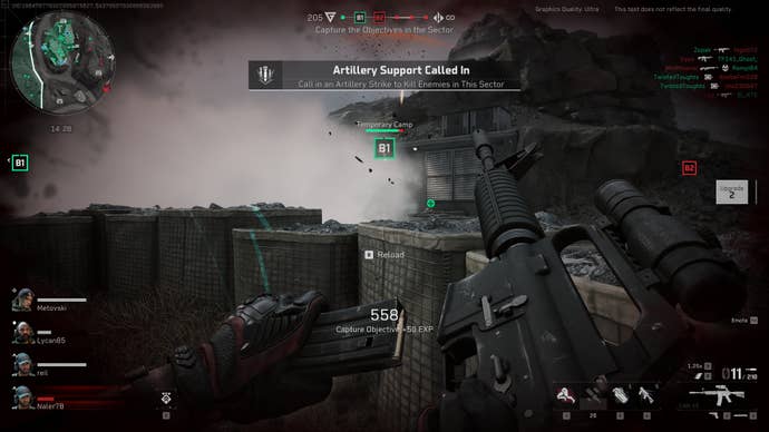A screenshot of Delta Force: Hawk Ops, showing the player reloading while being damaged by a nearby explosion.