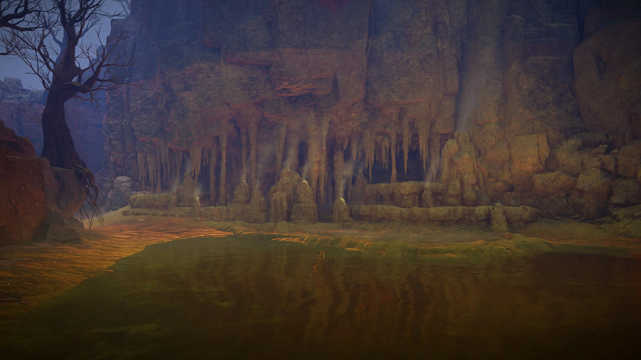 Yellow sulfur pools by a rocky cave wall with stalagmites in a cancelled God of War game - 6