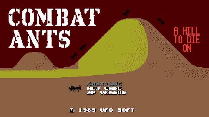 The title screen for Combat Ants in UFO 50, showing ants and an anthill and the tagline: A HILL TO DIE ON.