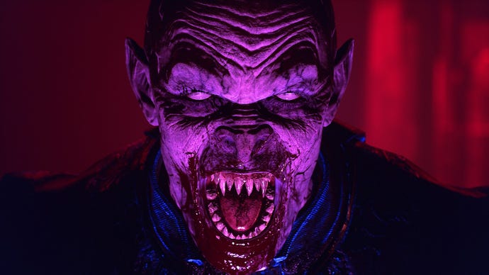 A close-up view of a monster’s fanged visage in KnifePlayground.