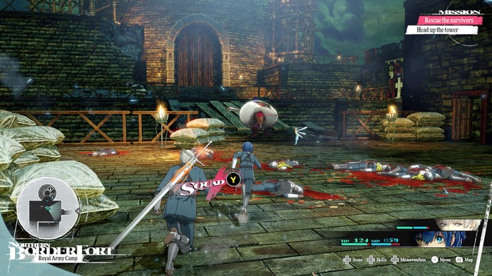 A scene of dungeon exploration in Metaphor: ReFantazio, showing seveal characters charging across a stone floor covered with dead soldiers towards an arched door