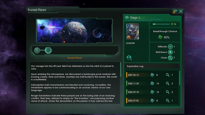 A screenshot of the Stellaris Astral Rift DLC, showing a story sequence from a journey through a rift