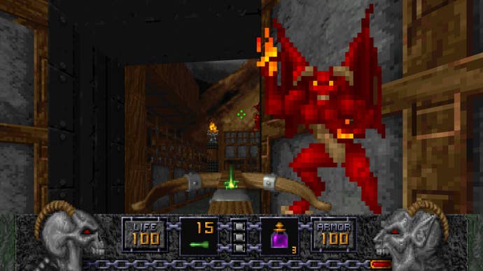 A screenshot of Heretic, showing the player character being attacked at point black range by a flying red imp.
