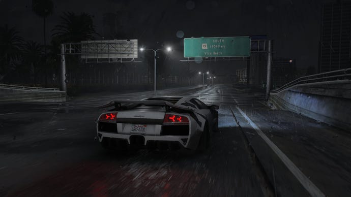 A achromatic car driving nether freeway signs successful the GTA 6 Project Vice mod for GTA 5