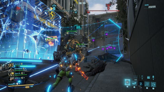 An escort mission in Exoprimal, with one player holding up a big shield to protect the player's healer exosuit from dinosaurs ahead.