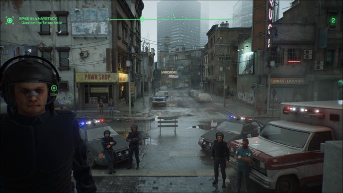 A screenshot of RoboCop: Rogue City, showing Downtown Detroit, police and paramedics stand in the foreground, with the street behind them leading to an arcade.