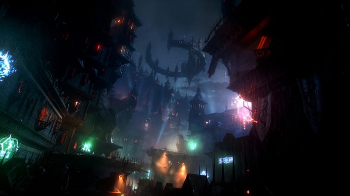 A dark wizard city in Dragon Age: The Veilguard with a flying castle