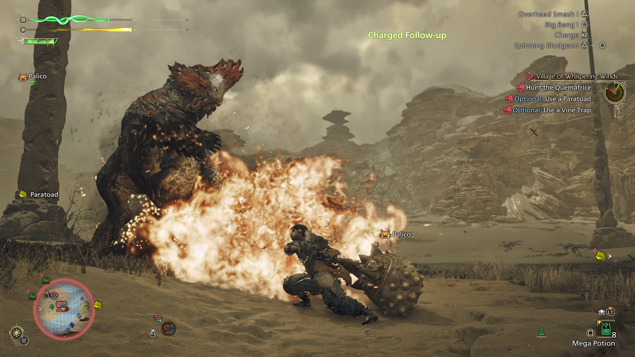 A hunter engages a Quematrice in Monster Hunter Wilds - there is an explosion as the best recoils away from the hammer-wielding player. - 9