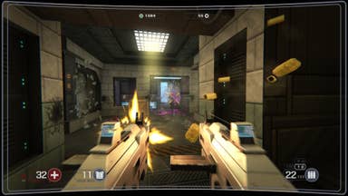 A screenshot of Selaco, showing the player showing a rifleman with twin submachineguns in a tiled room.
