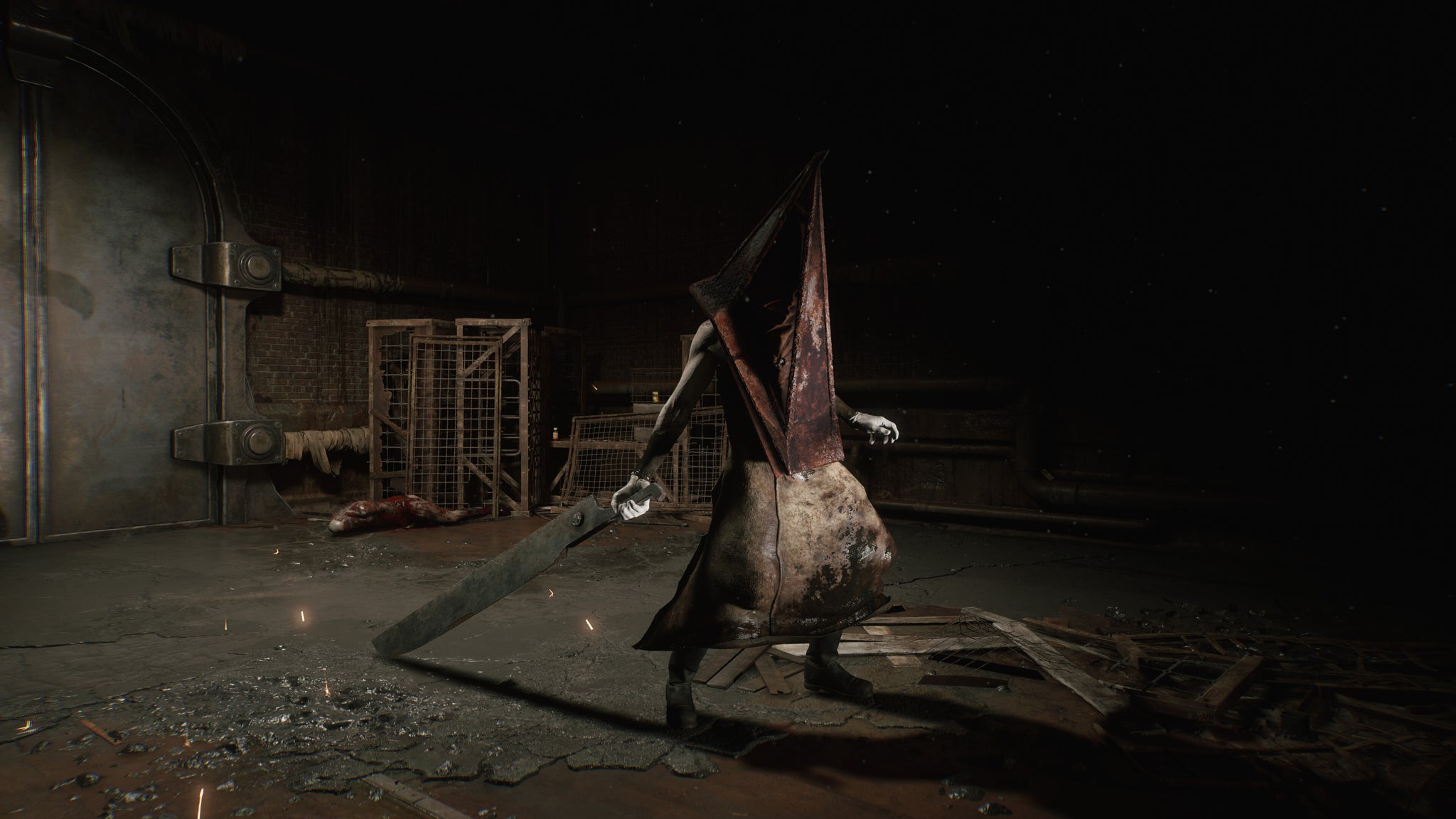 A screenshot from the Silent Hill 2 remake showing Pyramid Head advancing to the right - 6
