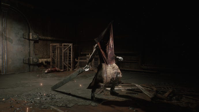 A screenshot from the Silent Hill 2 remake showing Pyramid Head advancing to the right