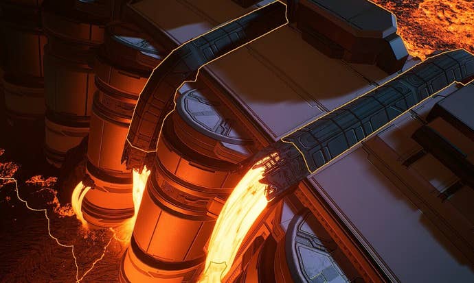 A screenshot of a bug in Everspace 2, showing pipes with big gold outlines