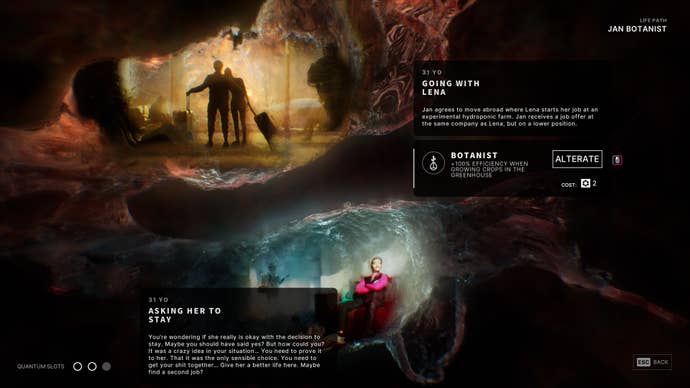 Two possible timeline branches in The Alters, one showing a universe in which protagonist Jan stayed with his partner Lena