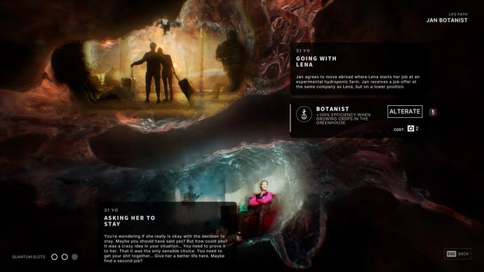 Two possible timeline branches in The Alters, one showing a universe in which protagonist Jan stayed with his partner Lena