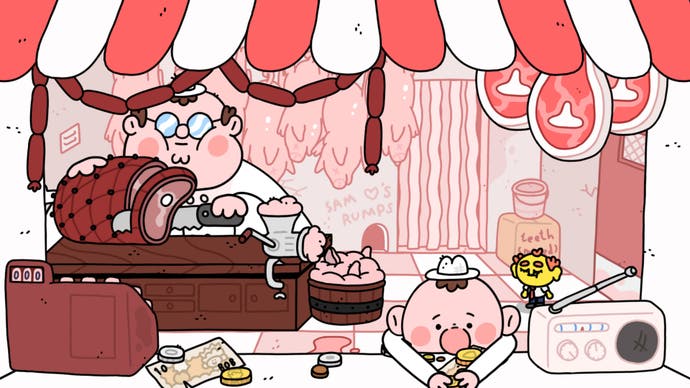 Thank Goodness You're Here! screenshot showing you in a butcher's watching him cut ham