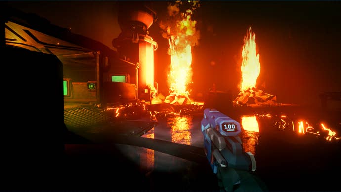 The player confronting lava geysers in Deep Rock Galactic: Rogue Core