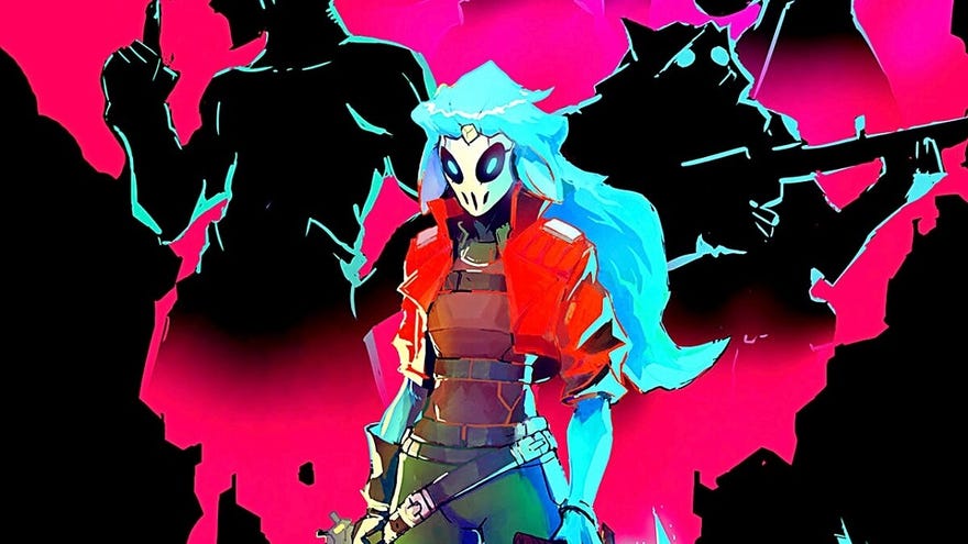 Character art for Hyper Light Breaker - a figure with flowing blue hair and a red jacket facing the viewer