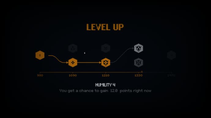 Indika screenshot showing the level up screen of pointless progression
