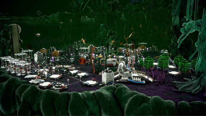 A Microtopia factory of scent trails and buildings in a green verdant area.