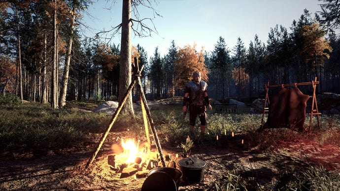 A Roman soldier standing over a campfire in Lost Legions