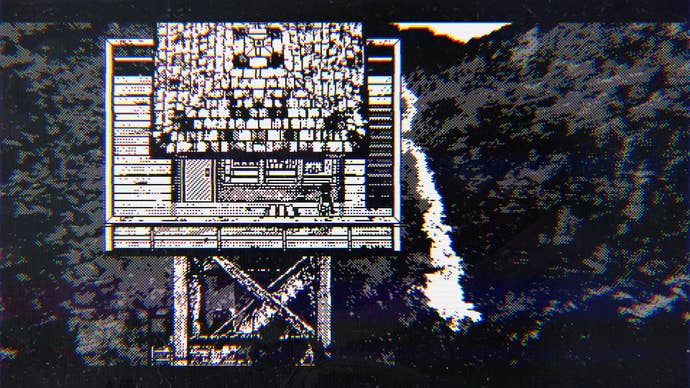 A screen of indie horror investigation sim My Work Is Not Yet Done, showing an observation tower above a forest.