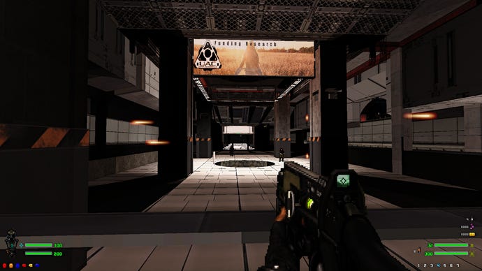 A screenshot from Doom 2 mod Siren, showing the player aiming a rifle at distant human soldiers in a large pillared hallway with light spilling across the centre.