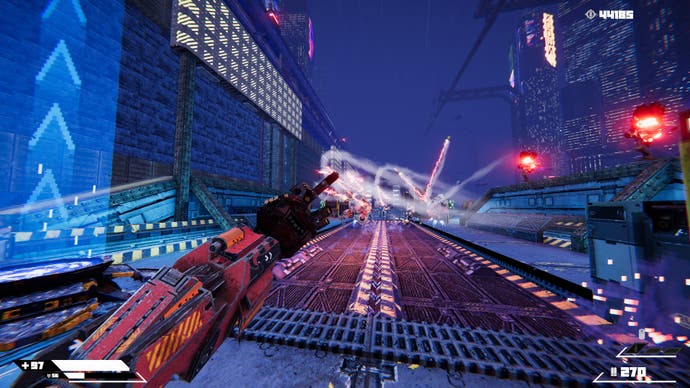 A screenshot of Turbo Overkill, showing the player flipping off enemies as they launch mini rockets at them.