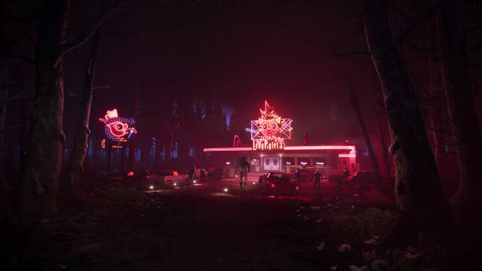 A screenshot of Dead Island 2’s Haus DLC, showing a “Long Piglet” diner in the woods.