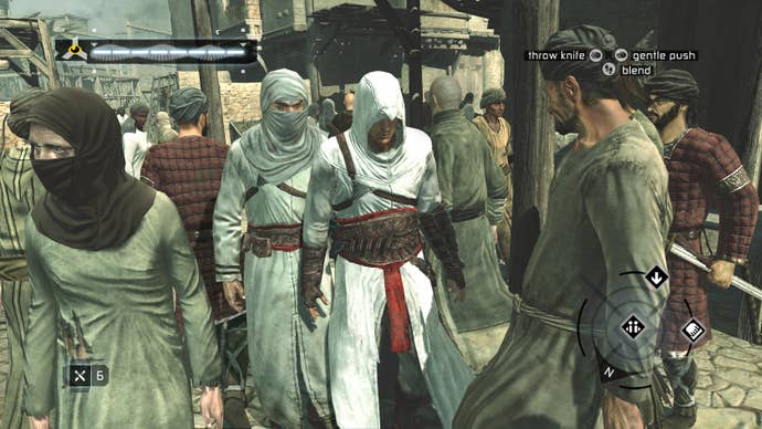 A white-hooded assassin mingling with the crowds in Assassin’s Creed