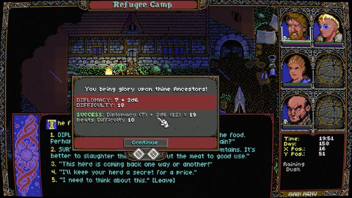Una captura de pantalla de Skald: Against the Black Priory, que muestra una tirada de dados exitosa en el campo de refugiados del juego.