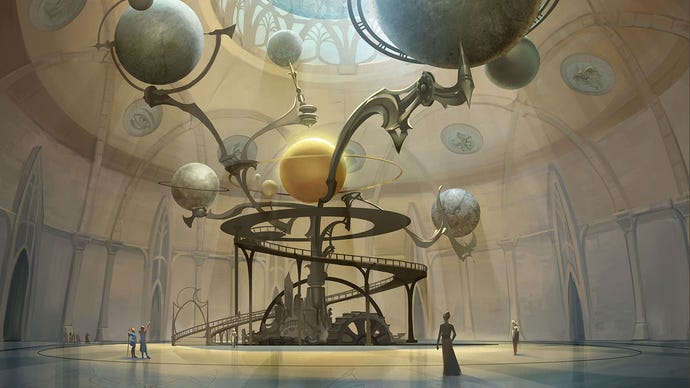 A drawing of an Aldmeri orrery in Elder Scrolls: Legends, situated in a beautifully lit domed room.