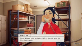 Makoto, protagonist of shop management sim InKonbini, talking to her aunt on the phone in the backroom office