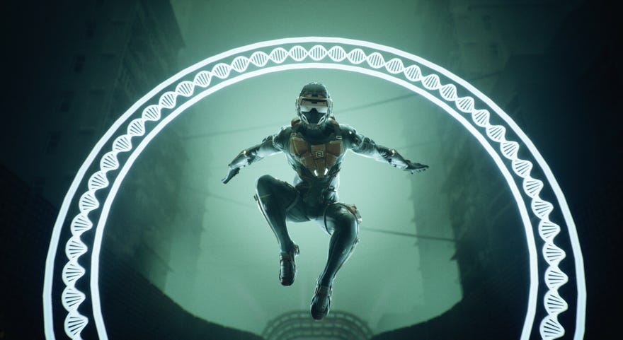 A single “clone jockey” runner jumping through a hoop in Deathsprint 66.